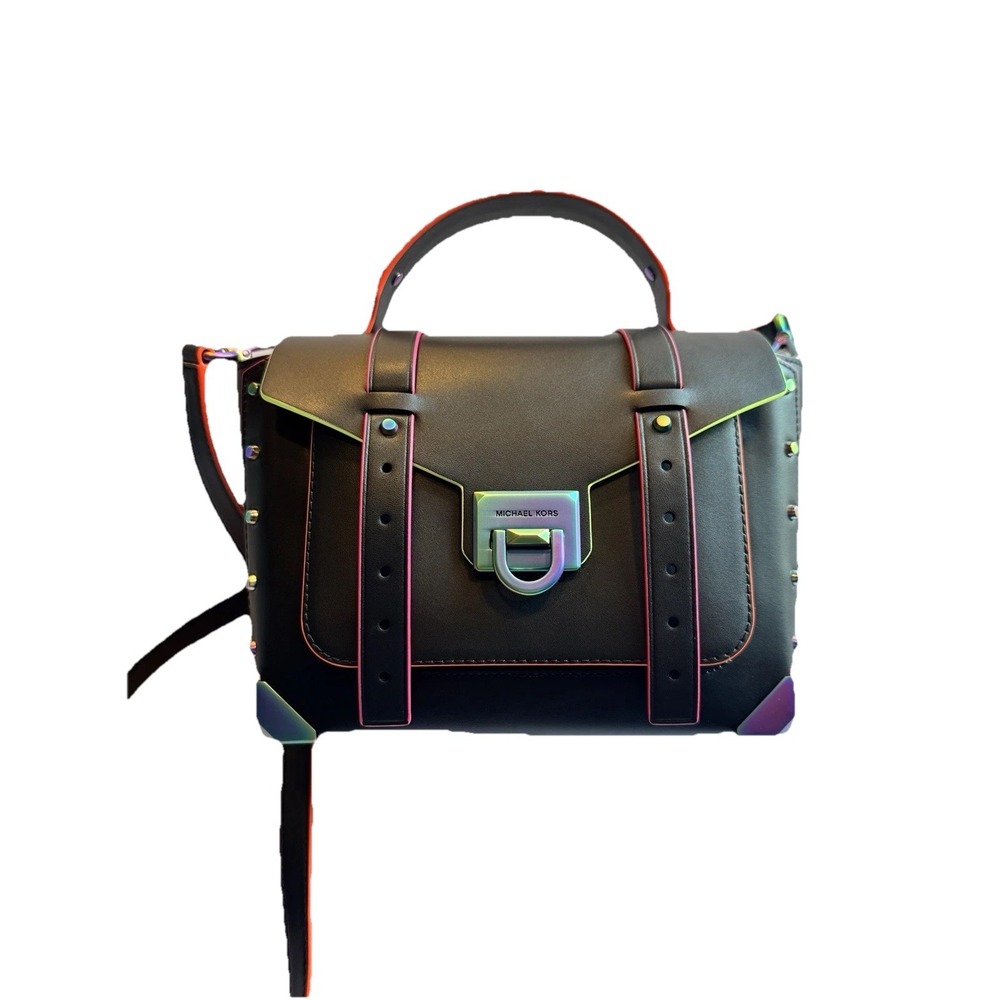 NEW MICHAEL KORS MANHATTAN BLACK OIL SLICK NEON SATCHEL SCHOOL BAG CROSSBODY